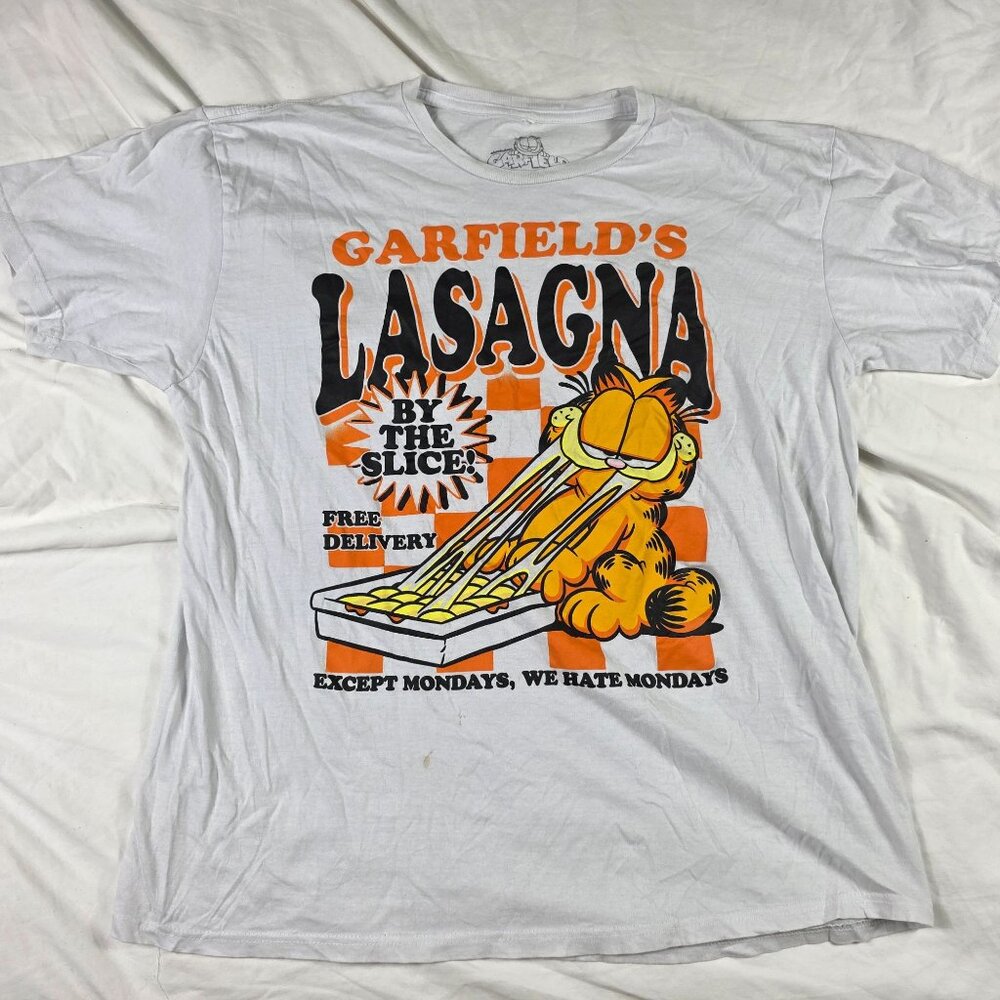 Garfield Lasagna Graphic Tee Mens XL White Shirt Cartoon Comic Short Sleeve